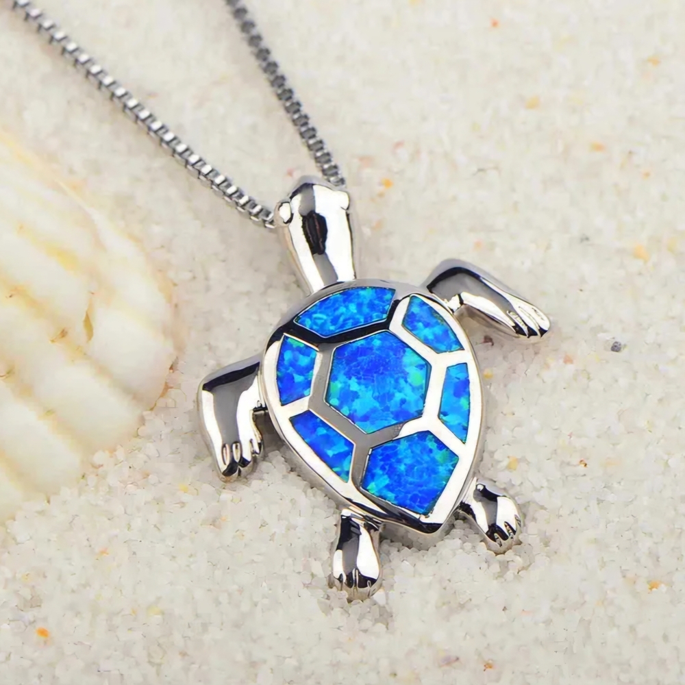 Blue Opal Turtle Pendant Necklace 925 Silver - Picture 7 of 16